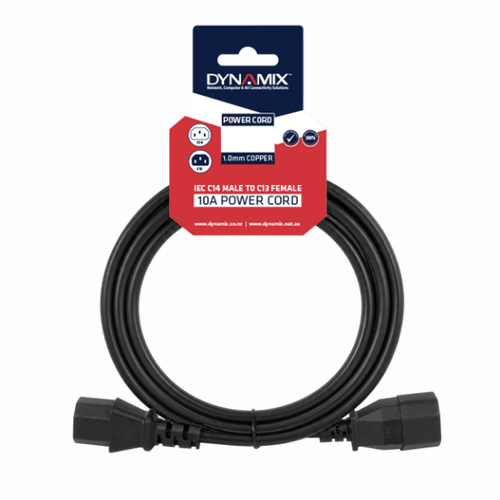 DYNAMIX C-POWERC-X - DYNAMIX 1.8M IEC Male to Female 10A SAA Approved Power Cord. (C14 to C13) 1.0mm copper core. BLACK Colour.