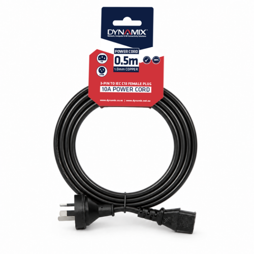DYNAMIX C-POWERC0 - 0.5M 3-Pin Plug to IEC C13 Female Plug 10A Power Cord. 1.0mm copper core.