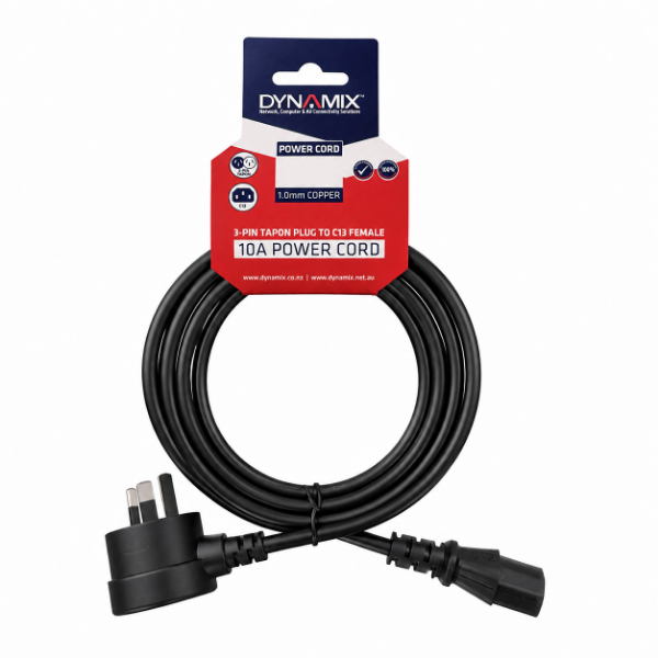 DYNAMIX C-POWERCT12 - 1.2M 3-Pin TAPON Ended Plug. IEC C13 Female Connector 10A SAA Approved Power Cord.