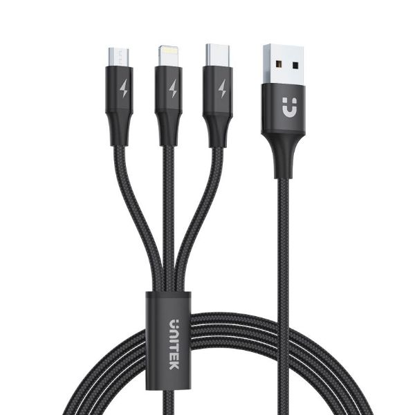 UNITEK C14049BK - 1.2m USB 3-in-1 Charge Integrated USB-A to Micro-B Lightning Connector & USB-C