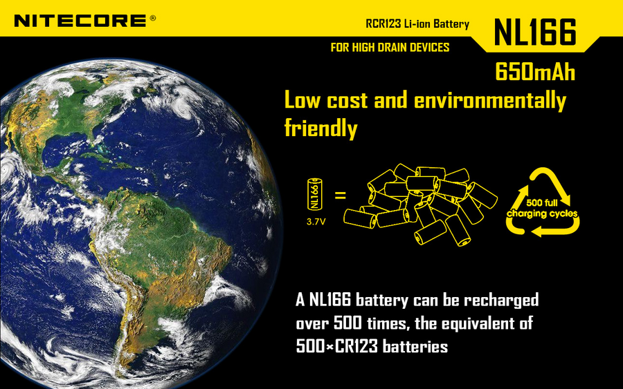 NL166 - NITECORE LI-ION RECHARGEBALE BATTERY RCR123A (3.7V; 650mAh)