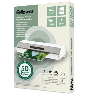 100142987 - Fellowes Laminierfolien, hell, recycelter Inhalt, A4, glänzend, Packung mit 100 Stück