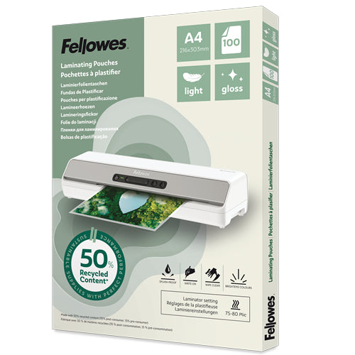 100142987 - Fellowes Laminating Pouches Light Recycled Content A4 Gloss, Pack of 100