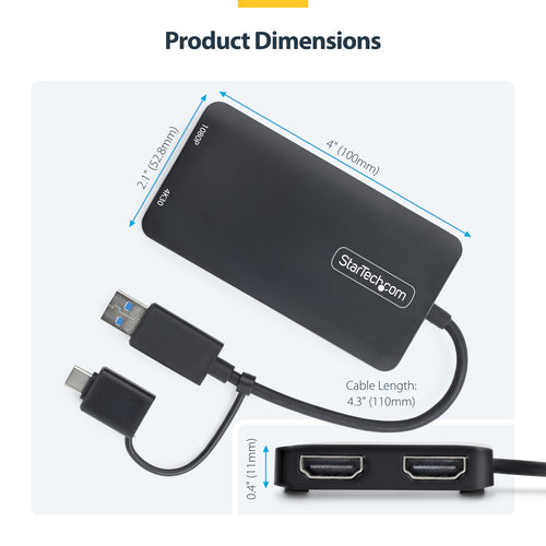 STARTECH.COM USB TO DUAL HDMI ADAPTER, USB A/C TO 4K30+1080P HDMI CONVERTER 3 YR