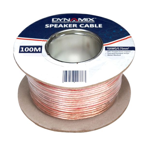 DYNAMIX CA-SPK18-100 - 100m 18AWG PVC Speaker Cable Bare Copper Transparent Colour w/ Red Stripe Meter Marked