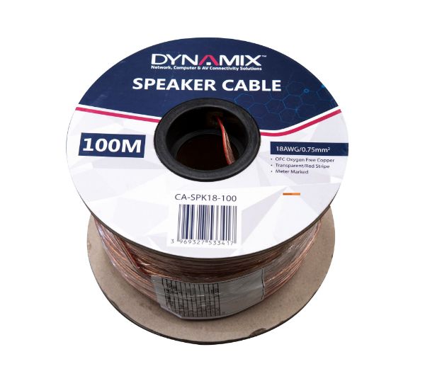 DYNAMIX CA-SPK18-100 - 100m 18AWG PVC Speaker Cable Bare Copper Transparent Colour w/ Red Stripe Meter Marked