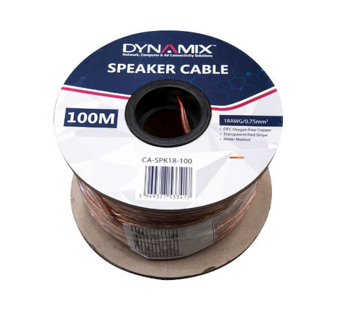 DYNAMIX CA-SPK18-100 - 100m 18AWG PVC Speaker Cable Bare Copper Transparent Colour w/ Red Stripe Meter Marked