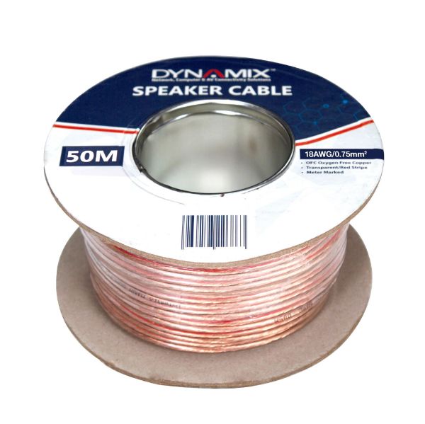 DYNAMIX CA-SPK18-50 - 50m 18AWG PVC Speaker Cable Bare Copper Transparent Colour w/ Red Stripe Meter Marked