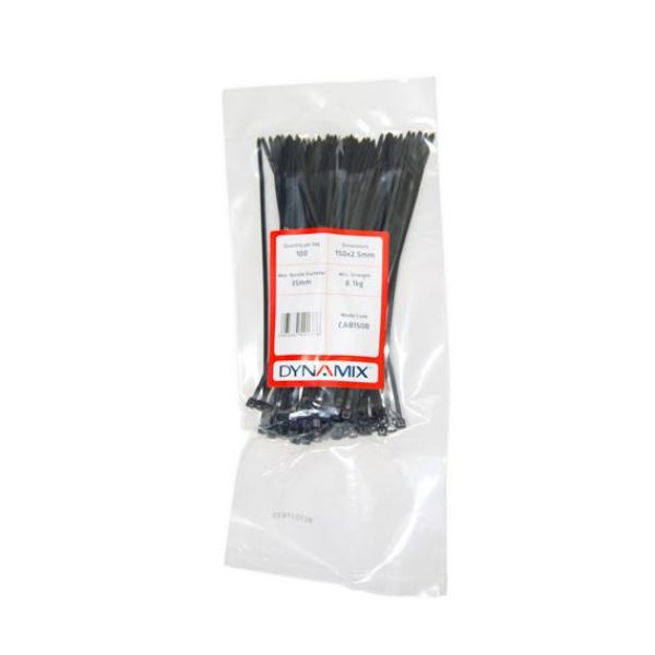 DYNAMIX CAB150B - 150mm x 2.5mm Cable Tie 100 Pack Black