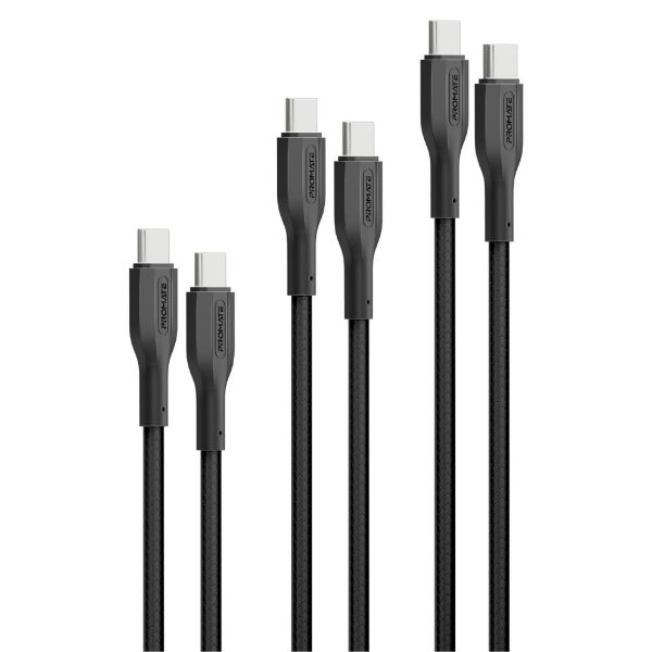PROMATE CABLEKIT-CC - 3-Piece 60W PW USB-C Cable Kit. Includes 0.3M 1.2M Lenghts. Data & Charge Support