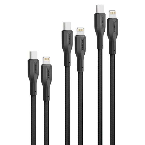 PROMATE CABLEKIT-CI - 3-Piece 60W PW USB-C to Lightning Cable Kit Includes 0.3M 1.2M & 2M