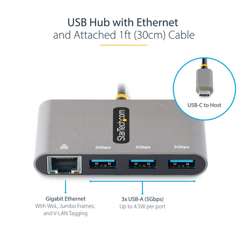 StarTech.com HB30C3A1GEA2 - 3-Port USB-C Hub with Ethernet Portable