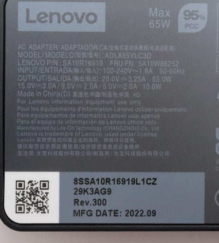 IBM Power Adapter AC 65W 20VDC 3.25A USB Type-C Output - C6 3-Pin AC Input - FRU