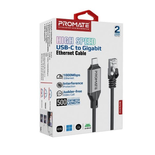 CLINK-RJ45 - PROMATE CLINK-RJ45 - 5m USB-C to RJ45 High-Speed 1Gbps Ethernet Cable. Premium Aluminium Alloy
