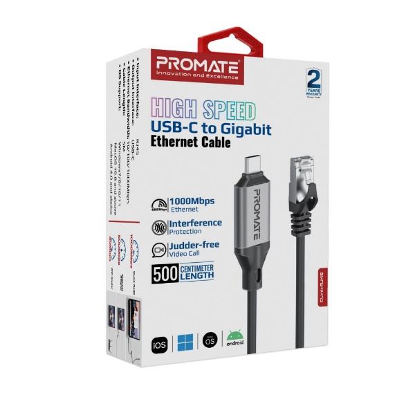 PROMATE CLINK-RJ45 - 5m USB-C to RJ45 High-Speed 1Gbps Ethernet Cable. Premium Aluminium Alloy