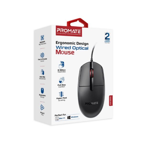 PROMATE CM-1200 - 3-Button Wired Optical Mouse w/ 1200dpi. Eronomic Design