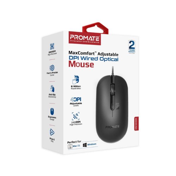 PROMATE CM-2400 - 4-Button Wired Optical Mouse w/ 2400dpi. MaxComfort Adjustable DPI