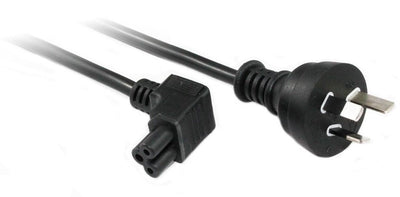 RackPower 10A 3 pin plug to C5 IEC clover angled top entry socket on 2m 0.75mm2 Black lead