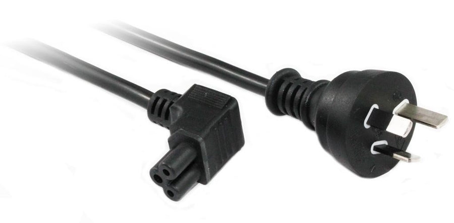 RackPower 10A 3 pin plug to C5 IEC clover angled top entry socket on 2m 0.75mm2 Black lead