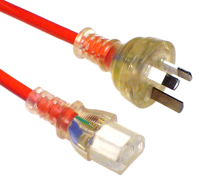 RackPower CM1NC200M - 10A 3 pin clear plug to 10A C13 IEC clear socket on 2m 1mm2 Orange lead
