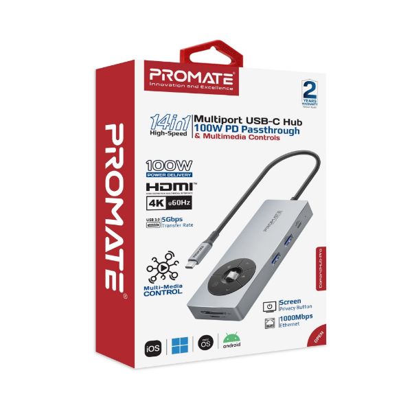 PROMATE COMANDHUB-PRO - 14-in-1 USB Multi-port Hub with USB-C Connector. Includes 1x HDMI Port 1x RJ45