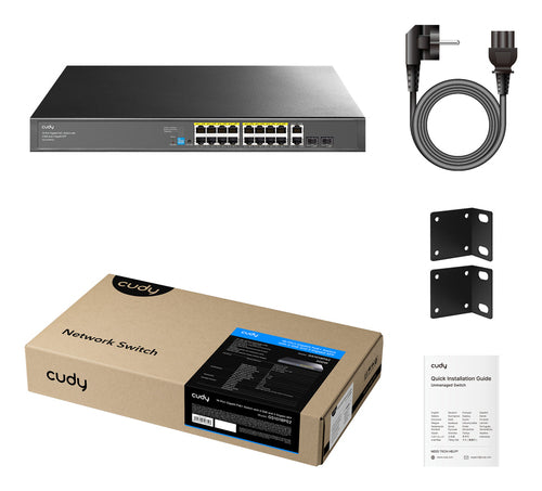CUDY GS1018PS2 - 16-Port Gigabit Unmanaged PoE+ 200W Switch with 2 Gig Uplink Ports & 2x Gig SFP slot