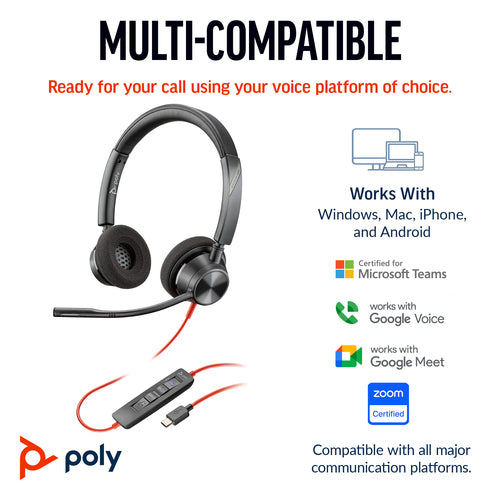 HP 8X220AA - Poly Blackwire 3320 Stereo Microsoft Teams Certified USB-C Headset +USB-C/A Adapter