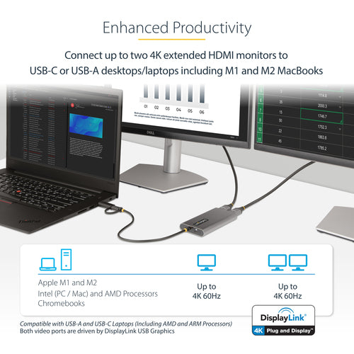 STARTECH.COM USB-A / USB-C TO DUAL-HDMI ADAPTER/CONVERTER, 4K 60HZ, 100W PD 3 YR