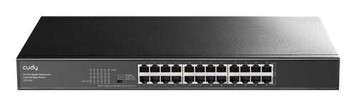 GS1024E - CUDY 24-Port Gigabit Managed Desktop Switch in Metal Case. 16x 10/100/1000M RJ45 Ports, IGMP Snooping, Loop Detection / Prevention, 802.1p/DSCP QoS, Power Saving, Plug & Play.