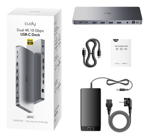 CUDY CS700 - 13-in-1 Multi-port 10Gbps Slim USB-C Dual 4k Docking Station 150W PSU. Inc 2x DP 1.2 2x