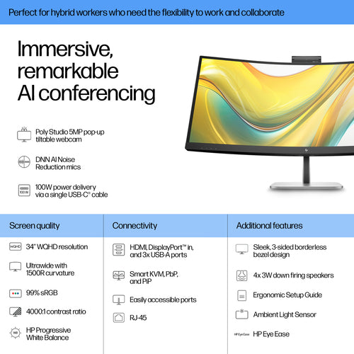 HP Series 5 Pro 534pm 34 inch WQHD USB-C Conferencing Monitor