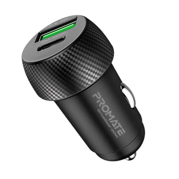 PROMATE DRIVEGEAR-20W - 20W Dual Port Car Charger w/ QC3.0 & USB-C Port. Charge two Devices Simultaneously.
