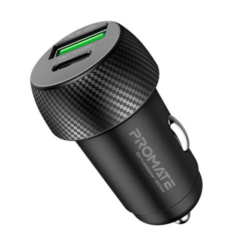 DRIVEGEAR-20W - PROMATE DRIVEGEAR-20W - 20W Dual Port Car Charger w/ QC3.0 & USB-C Port. Charge two Devices Simultaneously.