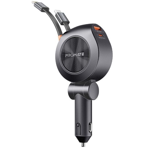 PROMATE DRIVEGEAR-R2 - 88W Multi-Port Incar Phone Charger w/ Dual Retractable USB-C & Lightning Cables. 20W