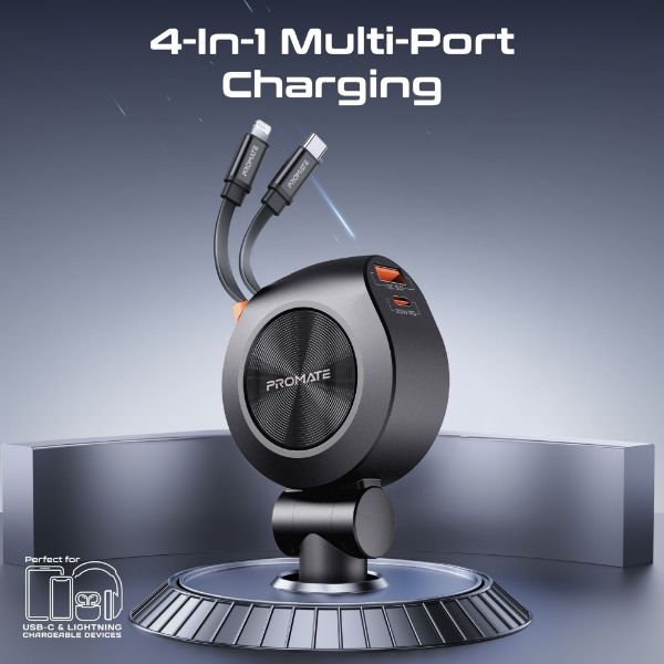 PROMATE DRIVEGEAR-R2 - 88W Multi-Port Incar Phone Charger w/ Dual Retractable USB-C & Lightning Cables. 20W