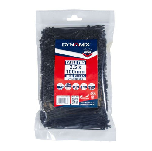 DYNAMIX DY1002B1000 - 2.5 x 100mm UV Black Cable Ties Pack of 1000 80N/8.1kgs Tensile Strenght