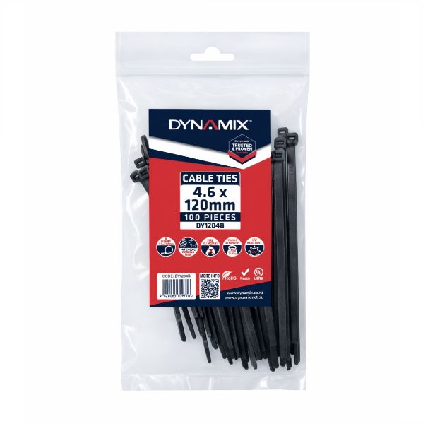 DYNAMIX DY1204B - 4.6 x 120mm UV Black Cable Ties Pack of 100 230N/23.4kgs Tensile Strenght