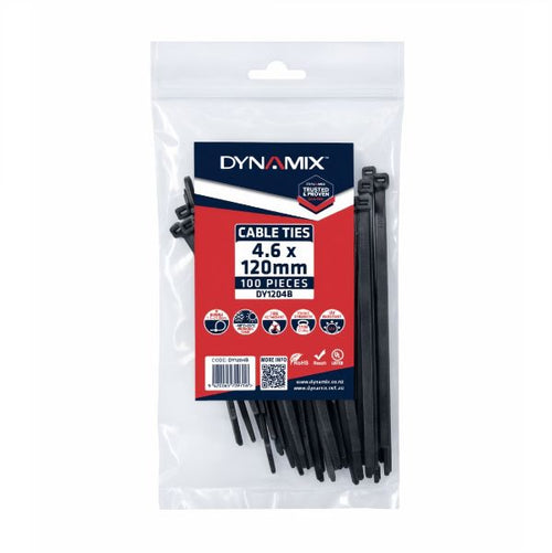 DYNAMIX DY1204B - 4.6 x 120mm UV Black Cable Ties Pack of 100 230N/23.4kgs Tensile Strenght