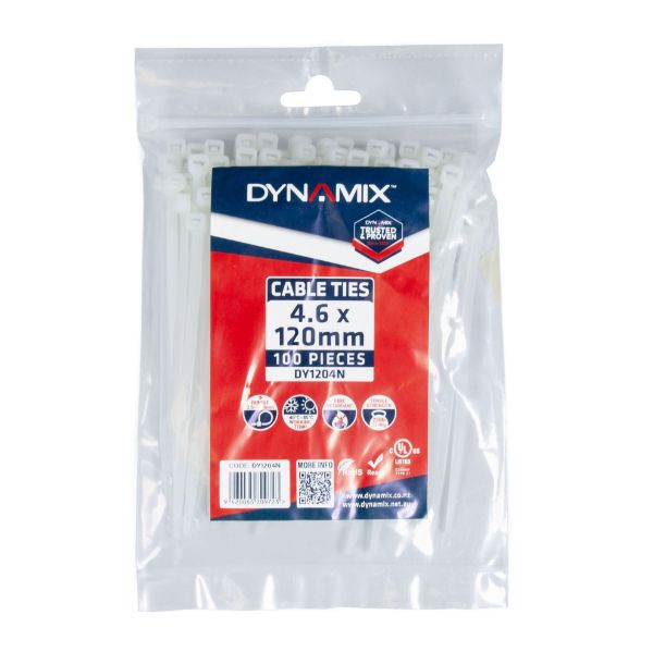 DYNAMIX DY1204N - 4.6 x 120mm Natural Cable Ties Pack of 100 230N/23.4kgs Tensile Strength