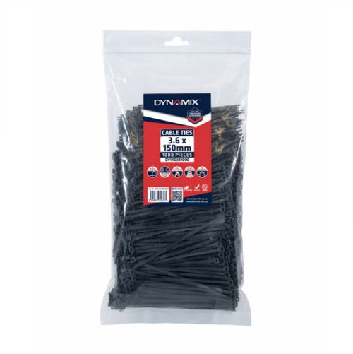 DYNAMIX DY1403B1000 - 3.6 x 150mm UV Black Cable Ties Pack of 1000 180N/18.3kgs Tensile Strength