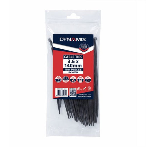 DYNAMIX DY1403B - 3.6 x 140mm UV Black Cable Ties Pack of 100 180N/18.3kgs Tensile Strenght