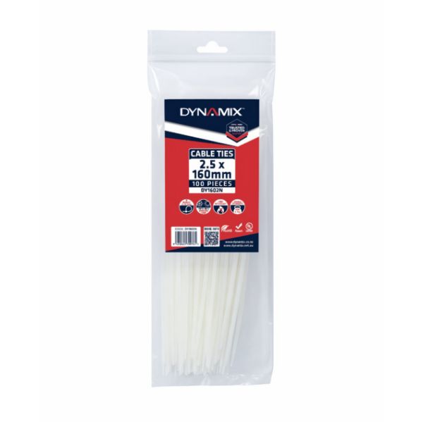 DYNAMIX DY1602N - 2.5 x 160mm Natural Cable Ties Pack of 100 80N/8.1kgs Tensile Strength