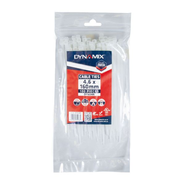 DYNAMIX DY1604N - 4.6 x 160mm Natural Cable Ties Pack of 100 230N/23.4kgs Tensile Strength