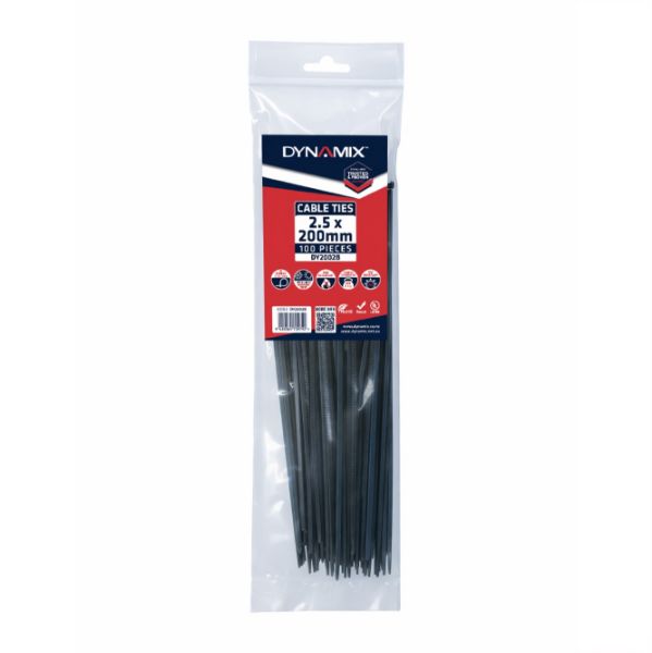 DYNAMIX DY2002B - 2.5 x 200mm UV Black Cable Ties Pack of 100 80N/8.1kgs Tensile Strenght
