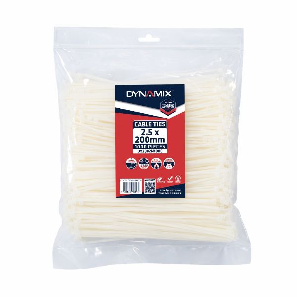DYNAMIX DY2002N1000 - 2.5 x 200mm Natural Cable Ties Pack of 1000 80N/8.1kgs Tensile Strength