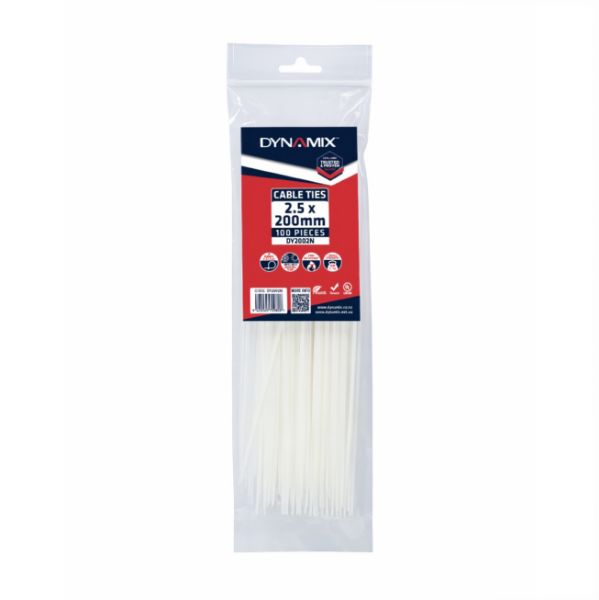 DYNAMIX DY2002N - 2.5 x 200mm Natural Cable Ties Pack of 100 80N/8.1kgs Tensile Strength