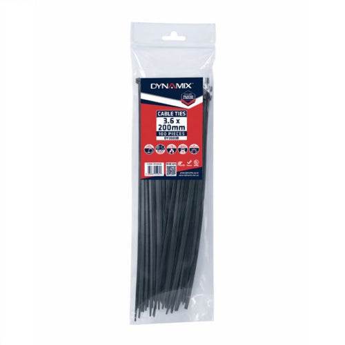 DYNAMIX DY2003B - 3.6 x 200mm UV Black Cable Ties Pack of 100 180N/18.3kgs Tensile Strenght