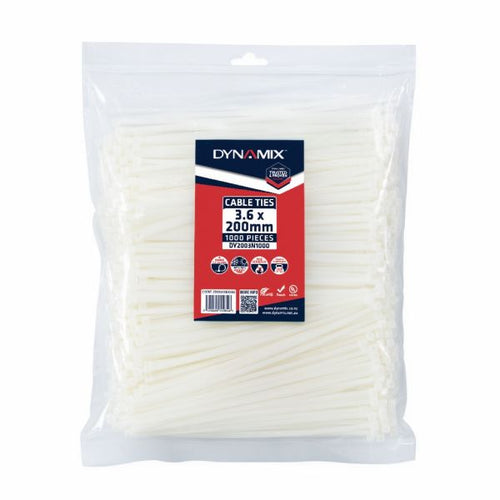 DYNAMIX DY2003N1000 - 3.6 x 200mm Natural Cable Ties Pack of 1000 180N/18.3kgs Tensile Strength
