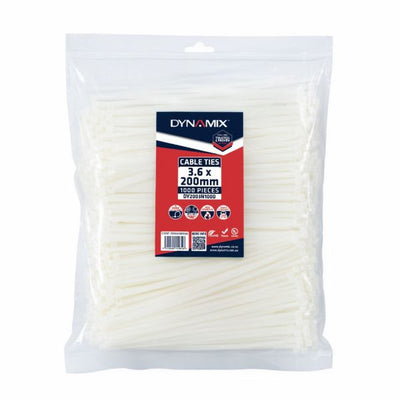 DY2003N1000 - DYNAMIX DY2003N1000 - 3.6 x 200mm Natural Cable Ties Pack of 1000 180N/18.3kgs Tensile Strength