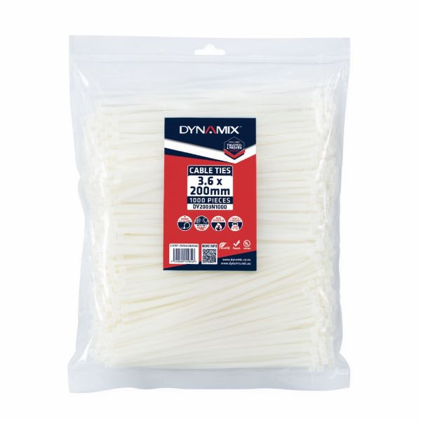 DYNAMIX DY2003N1000 - 3.6 x 200mm Natural Cable Ties Pack of 1000 180N/18.3kgs Tensile Strength